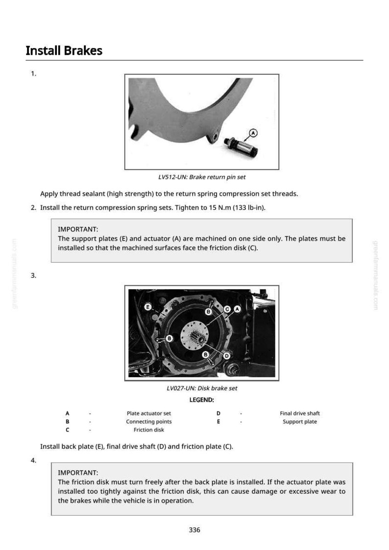 May include: Diagram showing brake installation instructions, including a brake return pin set and disk brake set. Text details applying thread sealant, installing spring sets, and plate alignment. Includes a legend for parts.