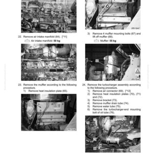May include: Diagram of engine disassembly steps, including removing clamps, brackets, and manifolds. Instructions detail removing the muffler and turbocharger assembly. Weights are listed in kilograms.