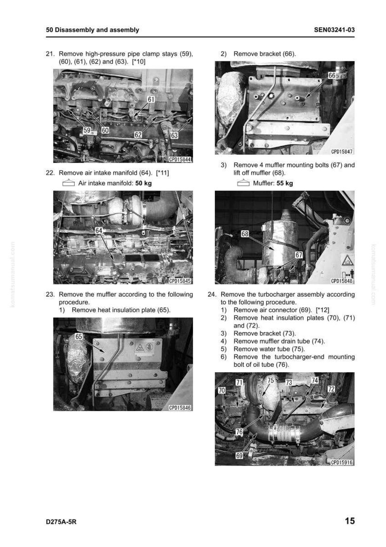 May include: Diagram of engine disassembly steps, including removing clamps, brackets, and manifolds. Instructions detail removing the muffler and turbocharger assembly. Weights are listed in kilograms.