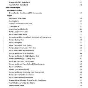 May include: A page from a manual with a list of repair procedures and specifications. The text includes terms like "Remove Park Brake Cable," "Install Electric Reel Motor," and "Greens Tender Conditioner (GTC) Components."