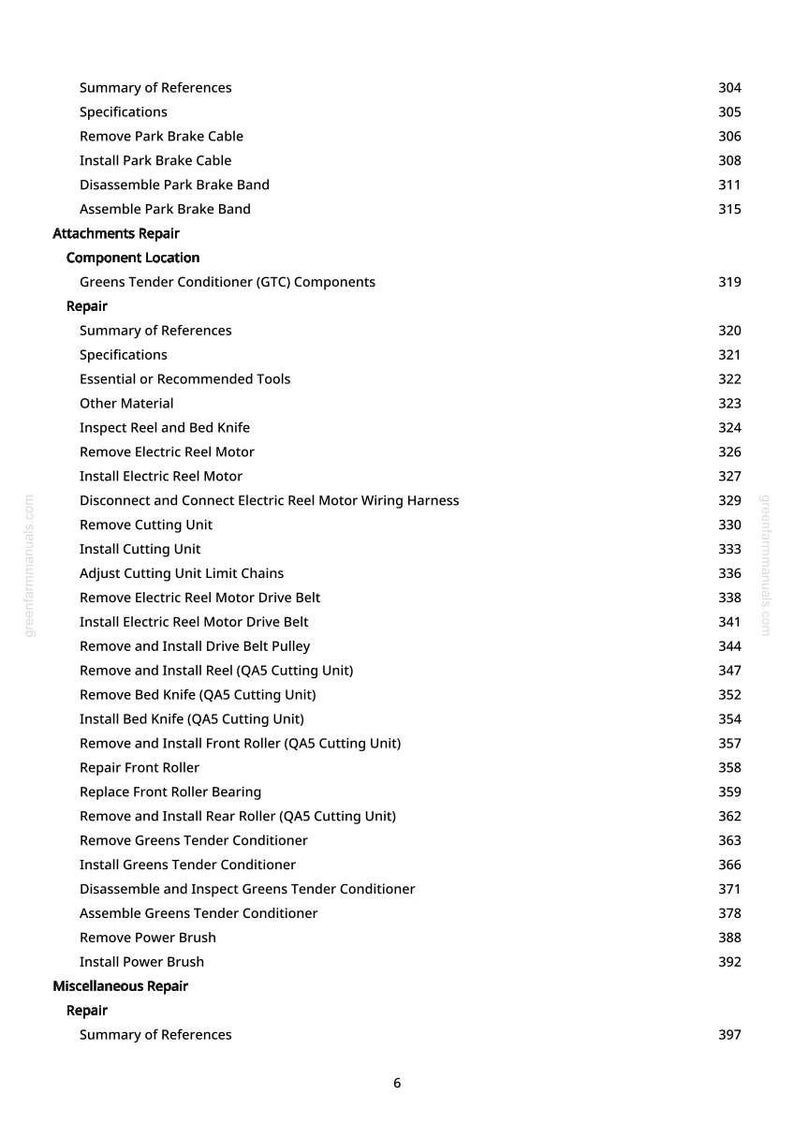 May include: A page from a manual with a list of repair procedures and specifications. The text includes terms like "Remove Park Brake Cable," "Install Electric Reel Motor," and "Greens Tender Conditioner (GTC) Components."