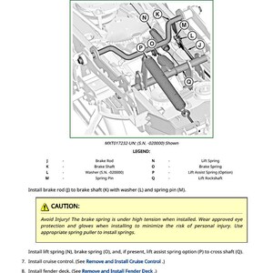 May include: Diagram of automotive components with labels and instructions. Includes brake rod, brake shaft, and spring components. A caution message warns about spring tension and injury risk. Text includes "Install lift link" and "Install cruise control."