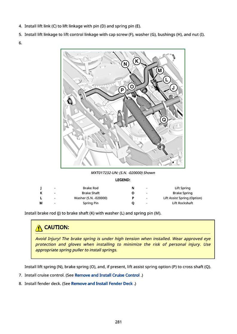 May include: Diagram of automotive components with labels and instructions. Includes brake rod, brake shaft, and spring components. A caution message warns about spring tension and injury risk. Text includes "Install lift link" and "Install cruise control."