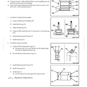 Puede incluir: Diagrama de instrucciones de desmontaje y montaje de un cilindro hidr&aacute;ulico. Incluye ilustraciones detalladas de piezas como anillos y sellos, con etiquetas numeradas e instrucciones textuales para cada paso del proceso.