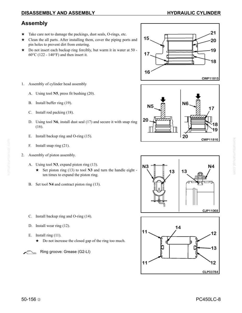 Puede incluir: Diagrama de instrucciones de desmontaje y montaje de un cilindro hidr&aacute;ulico. Incluye ilustraciones detalladas de piezas como anillos y sellos, con etiquetas numeradas e instrucciones textuales para cada paso del proceso.