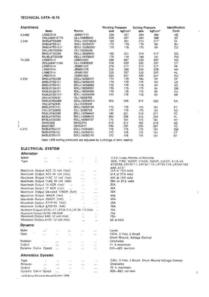 May include: Technical data sheet with tables detailing atomizers and electrical system specifications. Includes working and setting pressures, identification codes, and alternator output details. Measurements are in volts and amps.