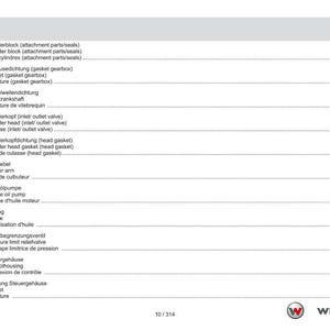 May include: A page from a manual with a table of contents in German, English, and French. The table lists engine components such as cylinder block, cylinder head, and oil pump. The Weidemann logo is in the bottom right corner.