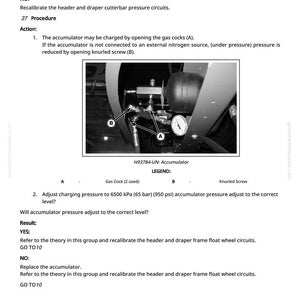 May include: Image from a manual showing an accumulator with a pressure gauge and gas cocks. Text includes instructions for charging and adjusting pressure to 6500 kPa (950 psi).