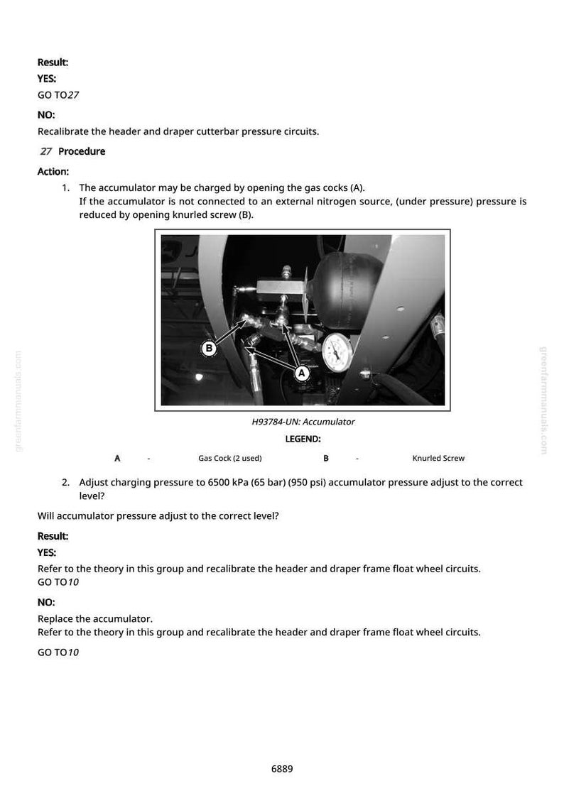 May include: Image from a manual showing an accumulator with a pressure gauge and gas cocks. Text includes instructions for charging and adjusting pressure to 6500 kPa (950 psi).