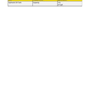 May include: A white document with text detailing hydraulic oil tank specifications. The table shows the item as "Hydraulic Oil Tank" with a capacity of 14 L (3.7 gal). Instructions include applying grease and filling the tank.