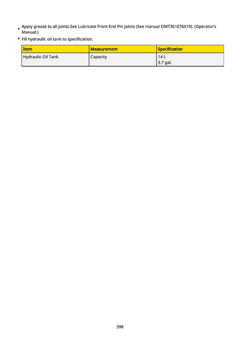 May include: A white document with text detailing hydraulic oil tank specifications. The table shows the item as "Hydraulic Oil Tank" with a capacity of 14 L (3.7 gal). Instructions include applying grease and filling the tank.