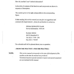 K&ouml;nnte beinhalten: Eine Seite aus einem Servicehandbuch f&uuml;r DEMAG KOMATSU Hydraulikbagger. Das Dokument enth&auml;lt ein "Inhaltsverzeichnis" und Kontaktinformationen f&uuml;r DEMAG KOMATSU GmbH, einschlie&szlig;lich Postanschrift, Telefon- und Faxnummer.