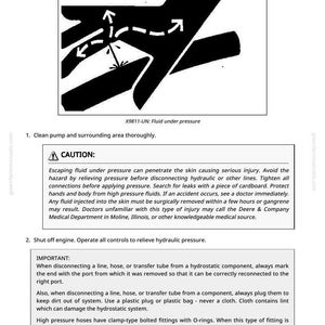 Op de afbeelding: Diagram met voorzorgsmaatregelen voor het verwijderen van een hydrostatische pomp. Bevat een waarschuwing over vloeistof onder druk en instructies voor veilige verwijdering, met tekst en grafische elementen.