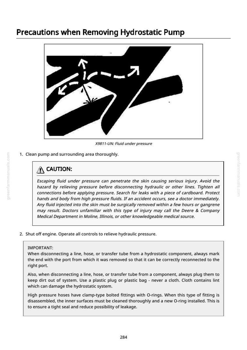 Op de afbeelding: Diagram met voorzorgsmaatregelen voor het verwijderen van een hydrostatische pomp. Bevat een waarschuwing over vloeistof onder druk en instructies voor veilige verwijdering, met tekst en grafische elementen.