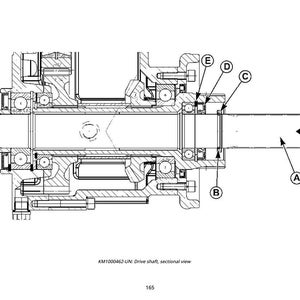 May include: A detailed black and white sectional view diagram of a drive shaft assembly. The diagram includes labels (A, B, C, D, E, F) pointing to various components. The text "KM1000462-UN: Drive shaft, sectional view" is also present.
