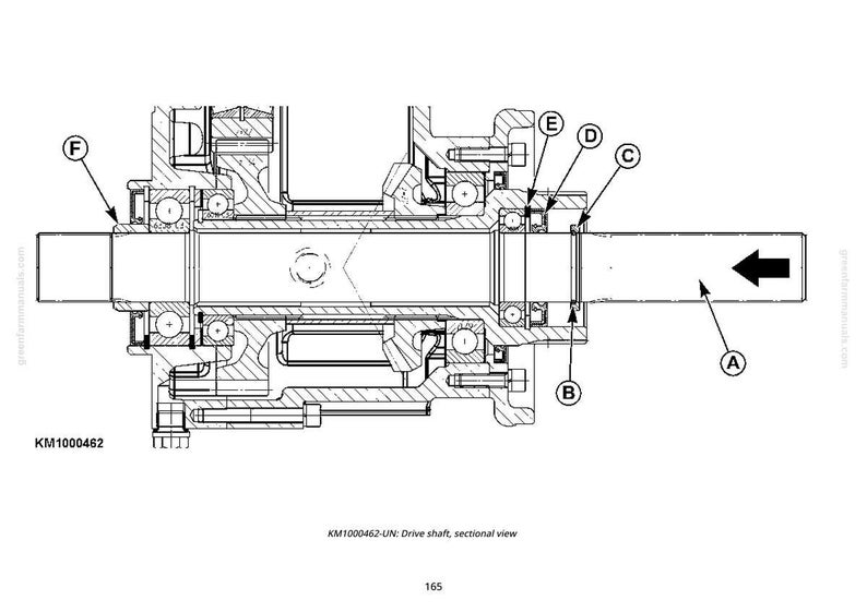 May include: A detailed black and white sectional view diagram of a drive shaft assembly. The diagram includes labels (A, B, C, D, E, F) pointing to various components. The text "KM1000462-UN: Drive shaft, sectional view" is also present.