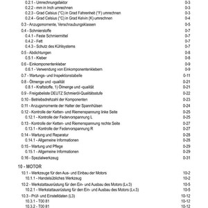 Pu&ograve; includere: Un sommario dettagliato in tedesco, con titoli e sottotitoli, che include informazioni generali e componenti del motore. Testo nero su sfondo bianco, con numeri di pagina.
