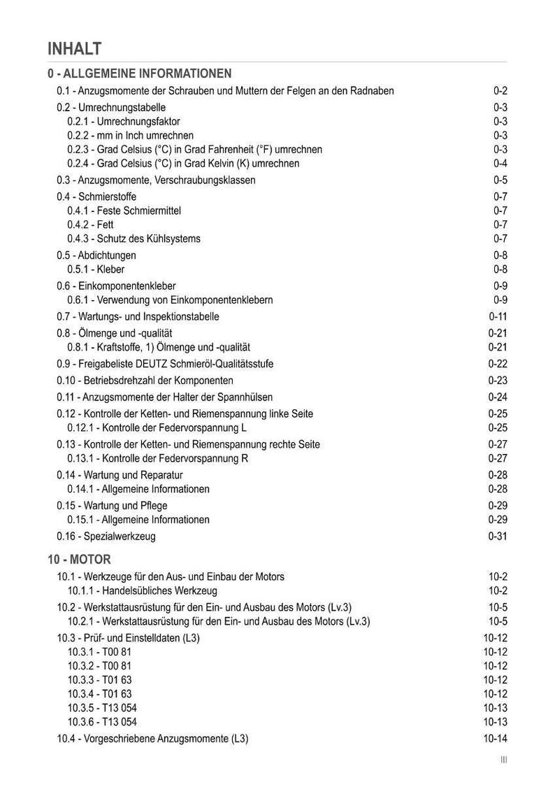 Pu&ograve; includere: Un sommario dettagliato in tedesco, con titoli e sottotitoli, che include informazioni generali e componenti del motore. Testo nero su sfondo bianco, con numeri di pagina.