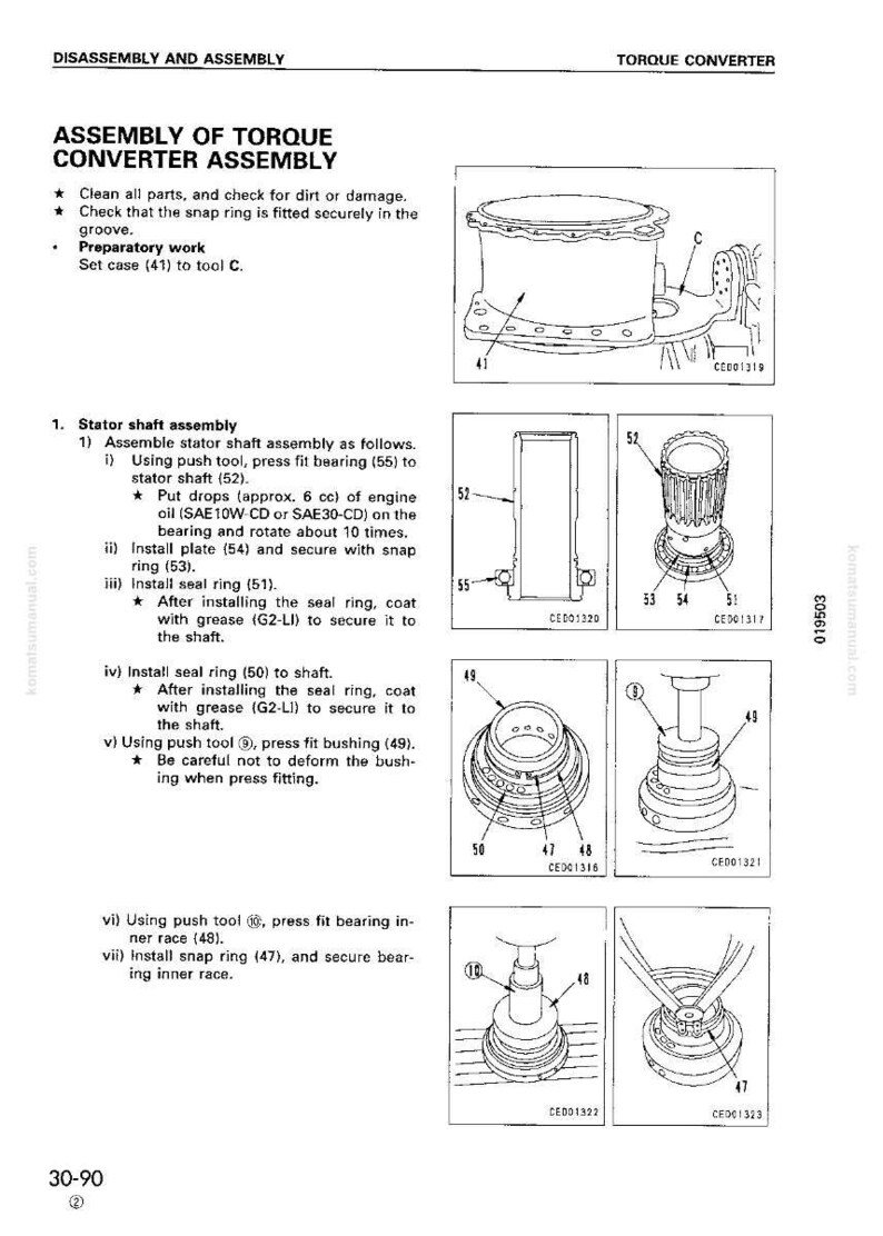 Puede incluir: Diagrama de montaje del convertidor de par con instrucciones detalladas e ilustraciones. Incluye pasos para el montaje del eje del estator y la instalaci&oacute;n del anillo de sellado. Medidas en unidades m&eacute;tricas.