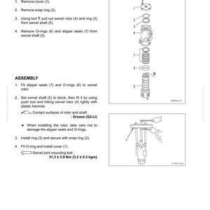 May include: Diagram of a center swivel joint disassembly and assembly. The image includes numbered parts, diagrams, and instructions for removing and installing components. Text includes torque specifications.