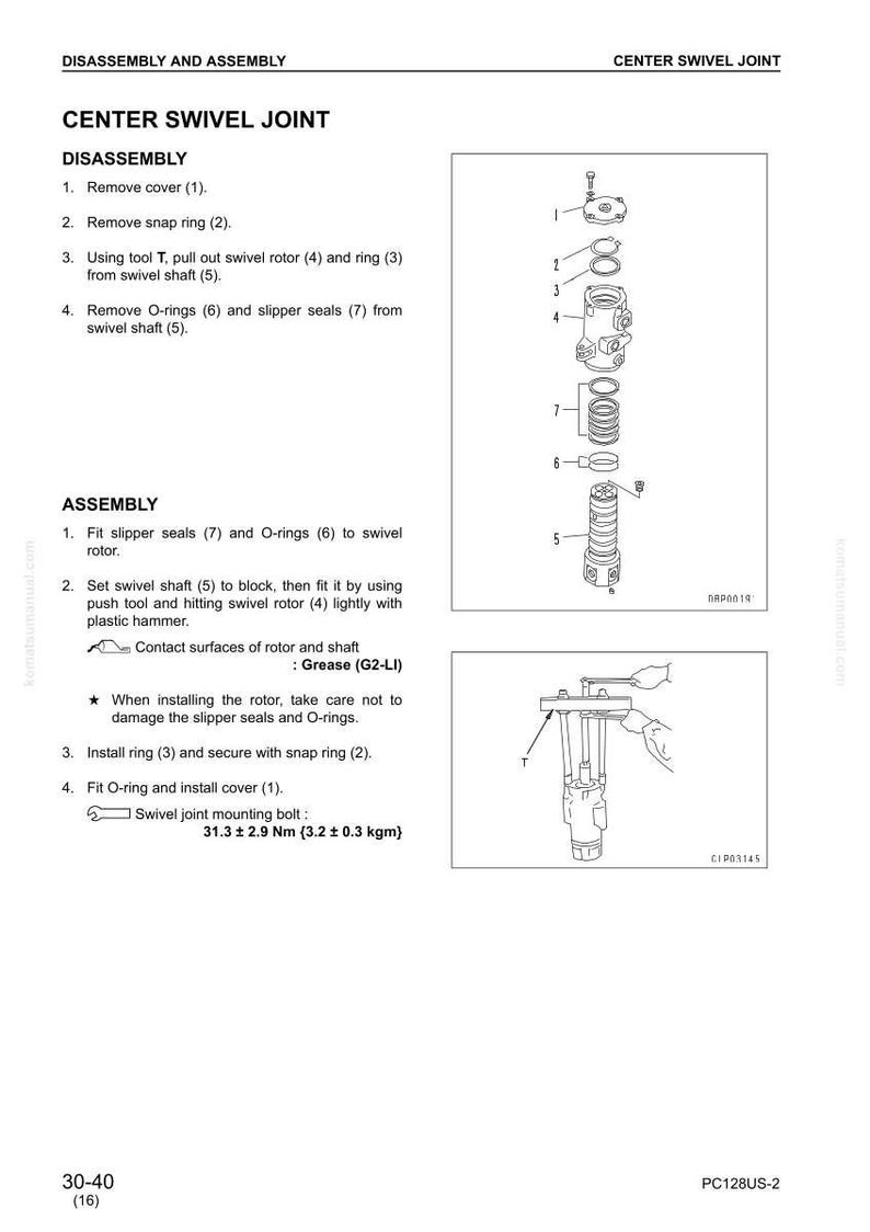 May include: Diagram of a center swivel joint disassembly and assembly. The image includes numbered parts, diagrams, and instructions for removing and installing components. Text includes torque specifications.
