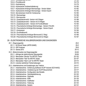 May include: A detailed table of contents in black text on a white background. The document lists various tractor-related topics, including hydraulic systems, electronic calibrations, and diagnostics, with corresponding page numbers.