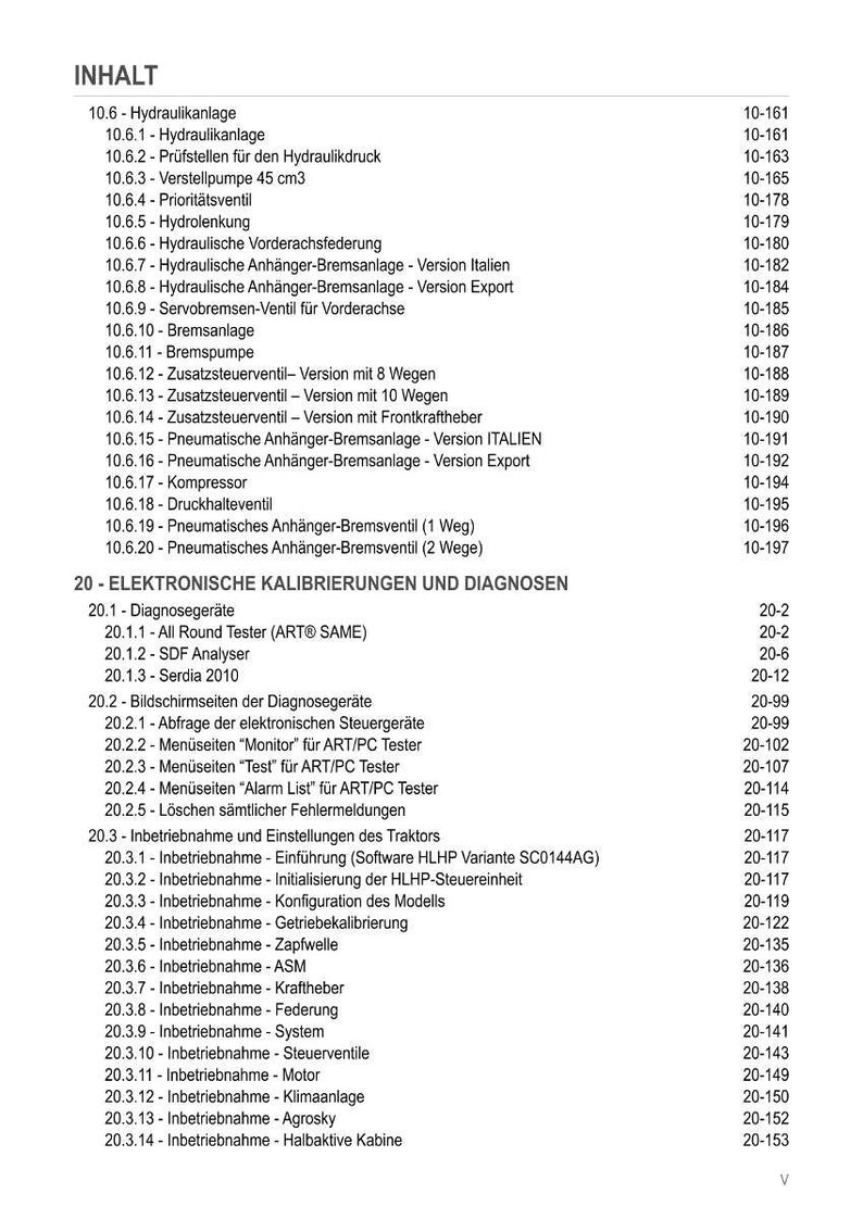 May include: A detailed table of contents in black text on a white background. The document lists various tractor-related topics, including hydraulic systems, electronic calibrations, and diagnostics, with corresponding page numbers.