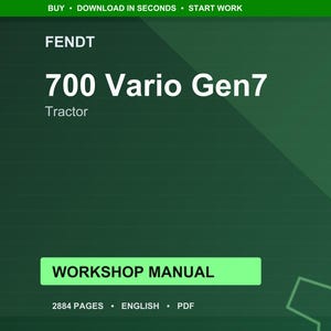 K&ouml;nnte beinhalten: Ein digitales Werkstatthandbuch f&uuml;r den Fendt 700 Vario Gen7 Traktor. Das Cover ist dunkelgr&uuml;n mit wei&szlig;em Text, der "FENDT 700 Vario Gen7 Tractor" lautet. Eine gr&uuml;ne Schaltfl&auml;che zeigt "WORKSHOP MANUAL". Das Handbuch hat 2884 Seiten.