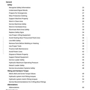 May include: A white page with a black Table of Contents for a manual. The table lists safety topics, fitting and hardware torque, and electrical repair sections. Page numbers are on the right.