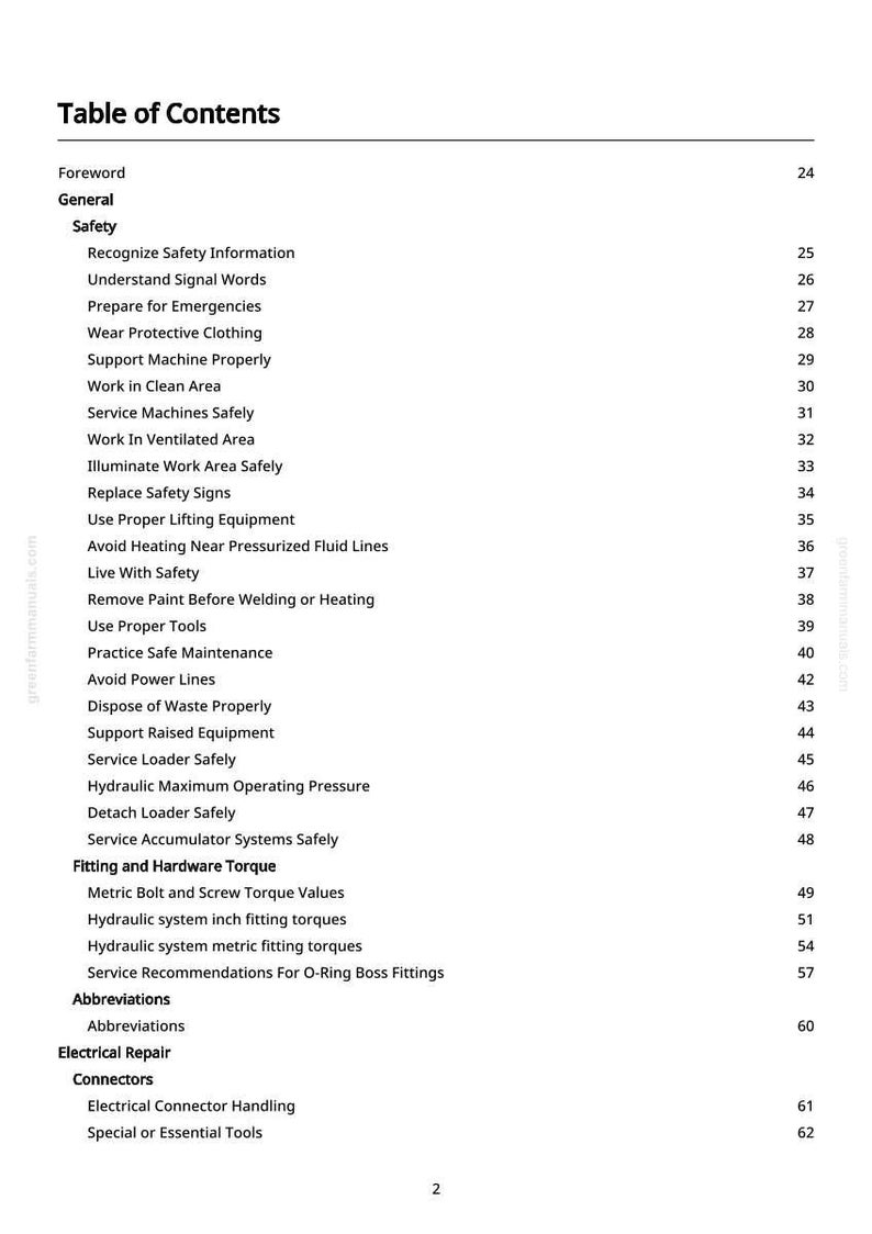 May include: A white page with a black Table of Contents for a manual. The table lists safety topics, fitting and hardware torque, and electrical repair sections. Page numbers are on the right.