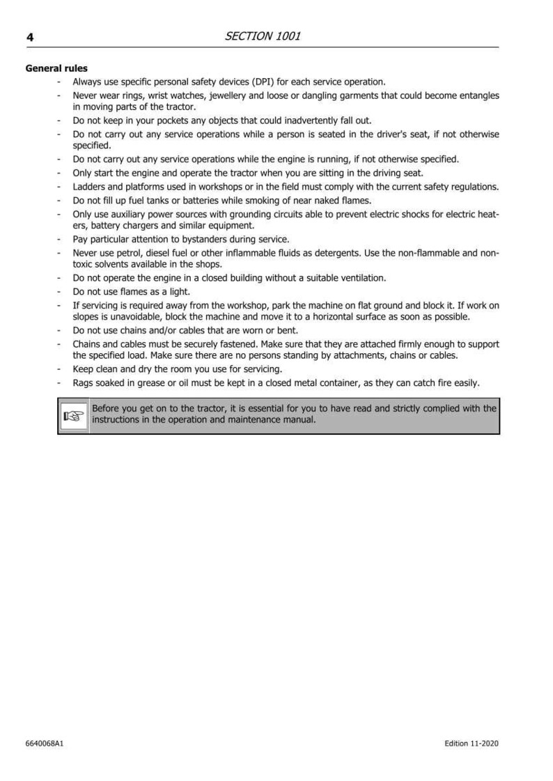 Op de afbeelding: Pagina uit een tractoronderhoudshandboek, sectie 1001, met veiligheidsrichtlijnen. Tekst bevat instructies over persoonlijke beschermingsmiddelen, het vermijden van losse kleding en de juiste onderhoudsprocedures. De handleiding is gedateerd Editie 11-2020.