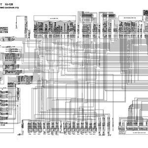 K&ouml;nnte beinhalten: Ein detailliertes elektrisches Schaltbild in Schwarzwei&szlig;, beschriftet mit "FOLD-OUT 10-128". Das Diagramm zeigt zahlreiche miteinander verbundene Komponenten und Leitungen und bietet eine umfassende visuelle Darstellung des elektrischen Systems.