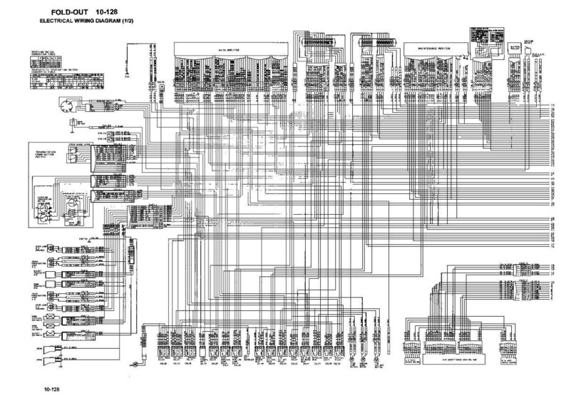 K&ouml;nnte beinhalten: Ein detailliertes elektrisches Schaltbild in Schwarzwei&szlig;, beschriftet mit "FOLD-OUT 10-128". Das Diagramm zeigt zahlreiche miteinander verbundene Komponenten und Leitungen und bietet eine umfassende visuelle Darstellung des elektrischen Systems.