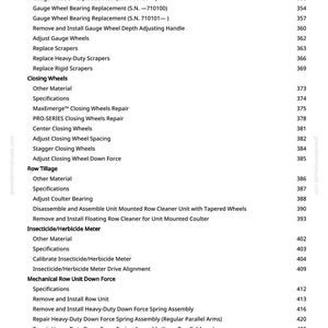 May include: A detailed table of contents from a greenfarmmanuals.com manual, listing various agricultural equipment maintenance procedures. The text includes topics like seed opener blades, gauge wheels, and insecticide meters.