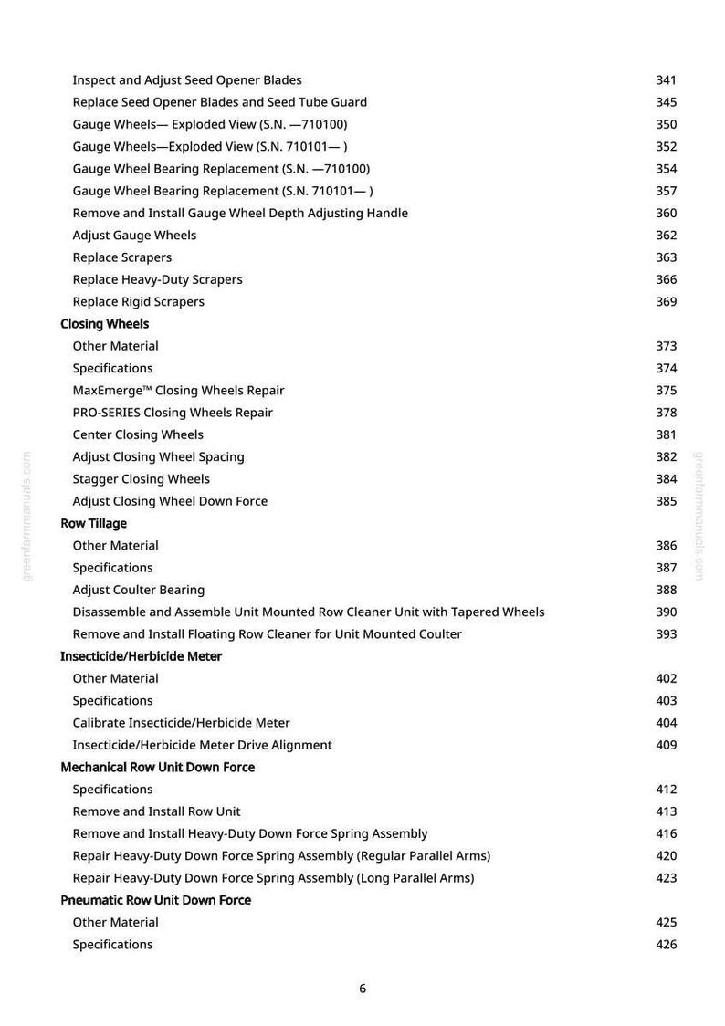 May include: A detailed table of contents from a greenfarmmanuals.com manual, listing various agricultural equipment maintenance procedures. The text includes topics like seed opener blades, gauge wheels, and insecticide meters.