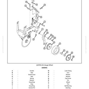 May include: Line drawing of a gauge wheel assembly with labels and a legend. The text "Repair Gauge Wheels" is at the top. The legend lists parts like bolts, washers, and a wheel.