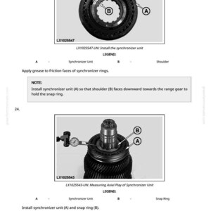 May include: Diagram of a synchronizer unit with labels A and B, and the text "LX1025547" and "LX1025543". The image includes instructions for installation and measurement of axial play.