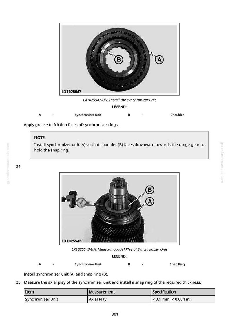 May include: Diagram of a synchronizer unit with labels A and B, and the text "LX1025547" and "LX1025543". The image includes instructions for installation and measurement of axial play.
