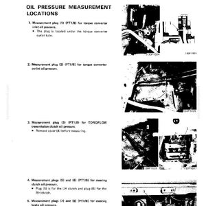 May include: Diagram of oil pressure measurement locations, with numbered plugs and labels for torque converter, transmission clutch, and steering brake oil pressure. Includes images of engine components.