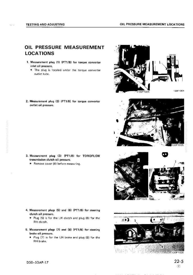 May include: Diagram of oil pressure measurement locations, with numbered plugs and labels for torque converter, transmission clutch, and steering brake oil pressure. Includes images of engine components.