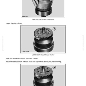 May include: Diagrams of automotive transmission components, including a clutch drum, thrust washer, and pressure ring. The images are labeled with part numbers and instructions for assembly.