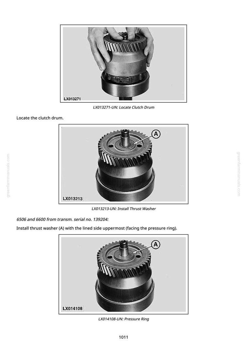 May include: Diagrams of automotive transmission components, including a clutch drum, thrust washer, and pressure ring. The images are labeled with part numbers and instructions for assembly.