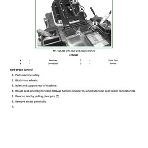 May include: Diagram showing how to remove and install a park brake, with a detailed view of a machine's seat and access panels. The image includes labels A, B, C, and D, and a legend. Instructions for park brake control are listed.