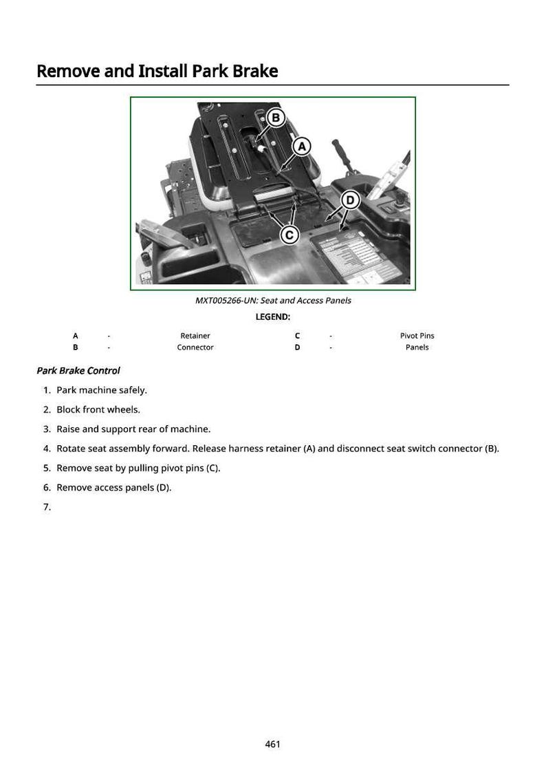 May include: Diagram showing how to remove and install a park brake, with a detailed view of a machine's seat and access panels. The image includes labels A, B, C, and D, and a legend. Instructions for park brake control are listed.