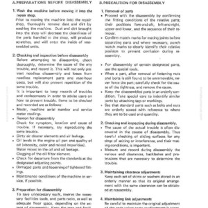 May include: A page from a manual titled "General Precaution for Disassembly" with detailed instructions. The text is in black font on a white background, covering topics like preparation, removal of parts, and maintaining adjustments. The document includes diagrams and numbered lists.