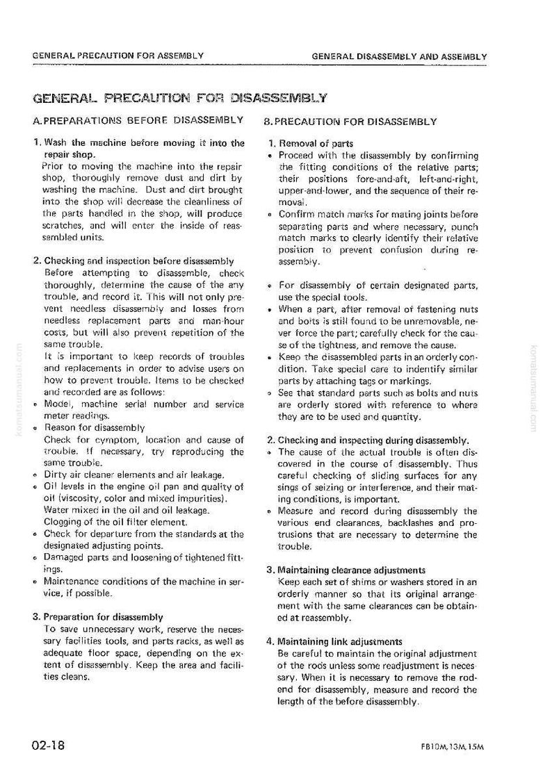 May include: A page from a manual titled "General Precaution for Disassembly" with detailed instructions. The text is in black font on a white background, covering topics like preparation, removal of parts, and maintaining adjustments. The document includes diagrams and numbered lists.