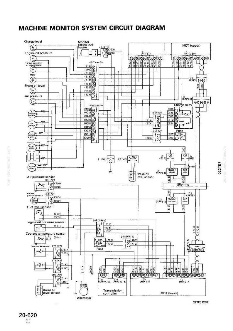 K&ouml;nnte beinhalten: Schaltplan des Maschinen&uuml;berwachungssystems mit Bezeichnungen f&uuml;r Motor&ouml;ldruck, Luftdruck und K&uuml;hlmitteltemperatur. Enth&auml;lt eine Sicherung, einen Generator und eine Getriebesteuerung. Schwarz-Wei&szlig;-Diagramm.