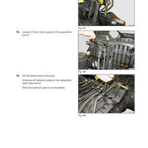 Pode incluir: Uma p&aacute;gina do manual Fendt 1000 Vario Gen2, detalhando a remo&ccedil;&atilde;o de tubos hidr&aacute;ulicos. A imagem mostra close-ups de componentes do trator com instru&ccedil;&otilde;es de texto e diagramas. O logotipo da Fendt est&aacute; no canto superior esquerdo.