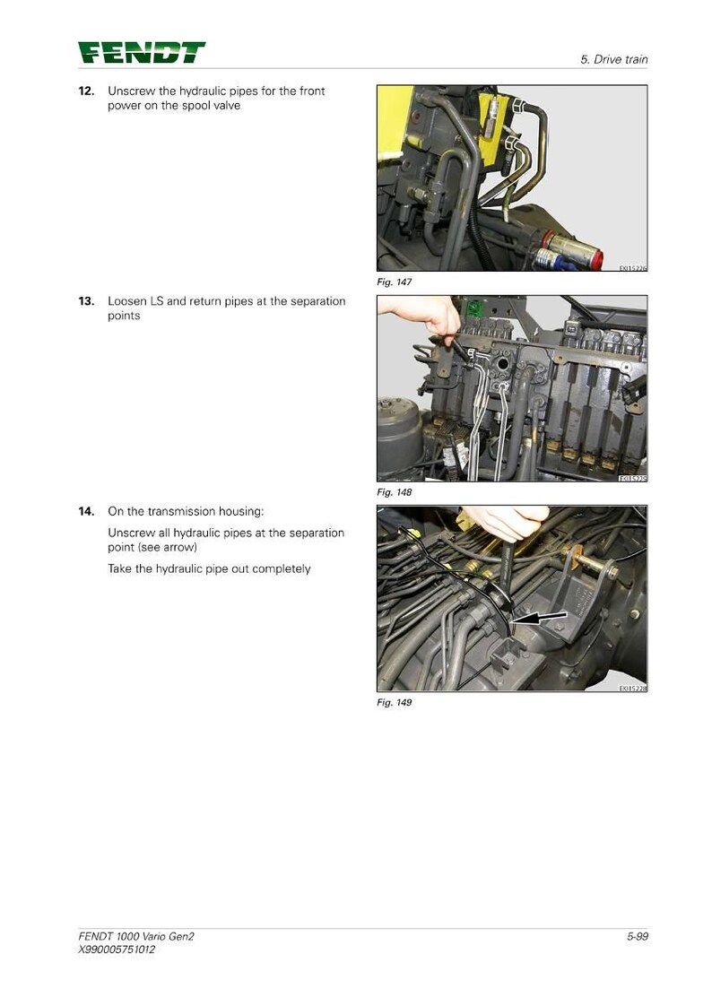 Pode incluir: Uma p&aacute;gina do manual Fendt 1000 Vario Gen2, detalhando a remo&ccedil;&atilde;o de tubos hidr&aacute;ulicos. A imagem mostra close-ups de componentes do trator com instru&ccedil;&otilde;es de texto e diagramas. O logotipo da Fendt est&aacute; no canto superior esquerdo.