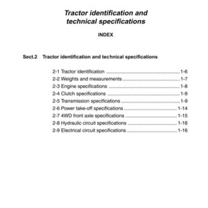 May include: A page from a manual titled "Tractor identification and technical specifications." The document includes an index with sections on tractor identification, weights, measurements, engine specifications, and more. The page number is 1-5.